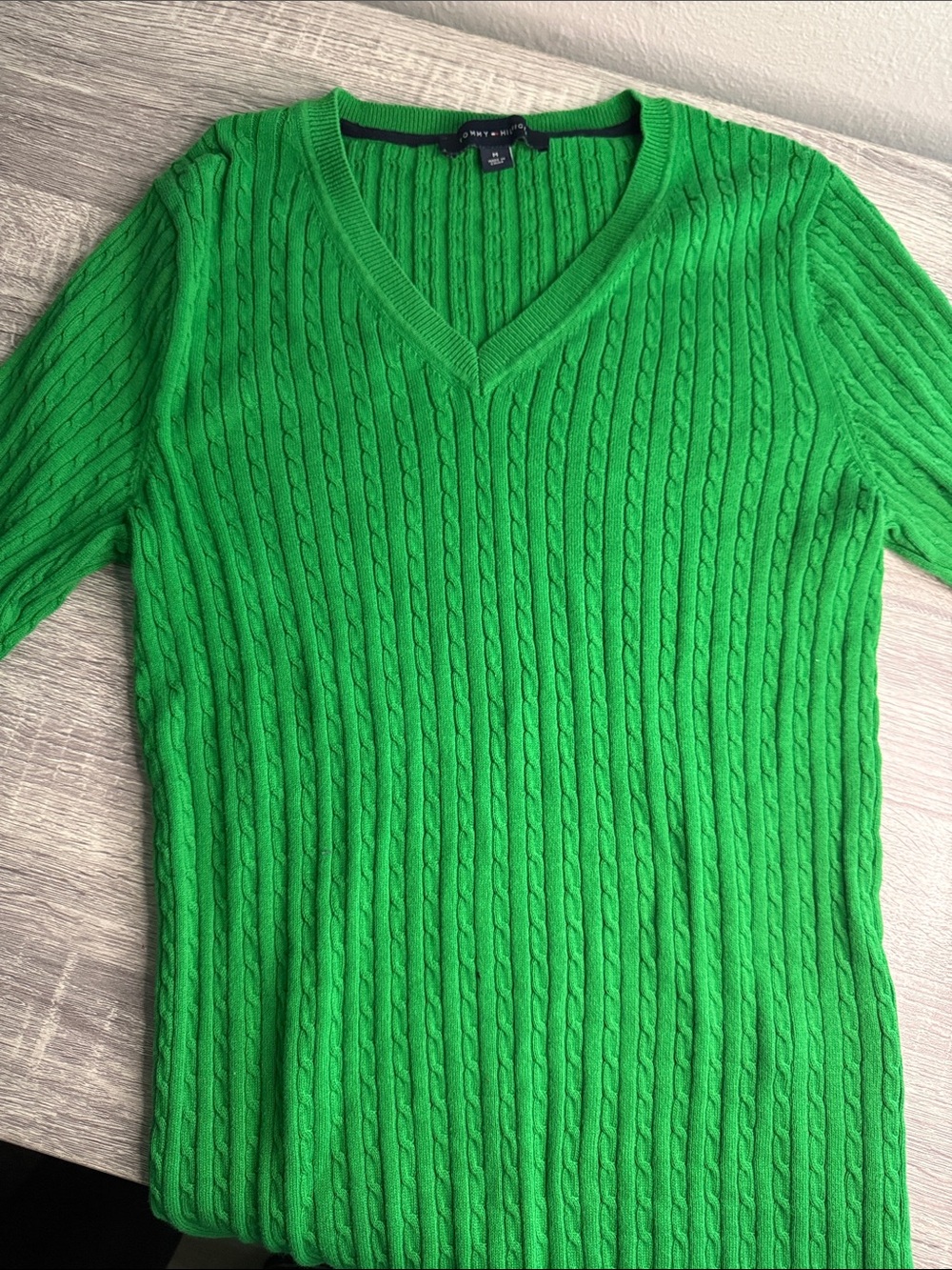 Tommy Hilfiger Bright Green Cable Knit V-Neck Sweater